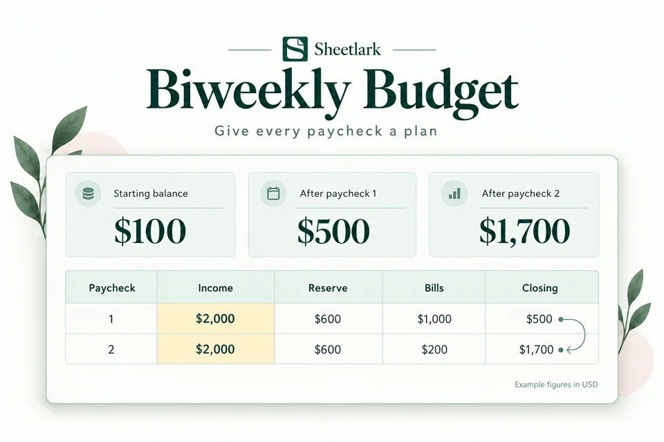 Biweekly Budget product illustration: $100 starting balance carries into projected balances of $500 and $1,700.